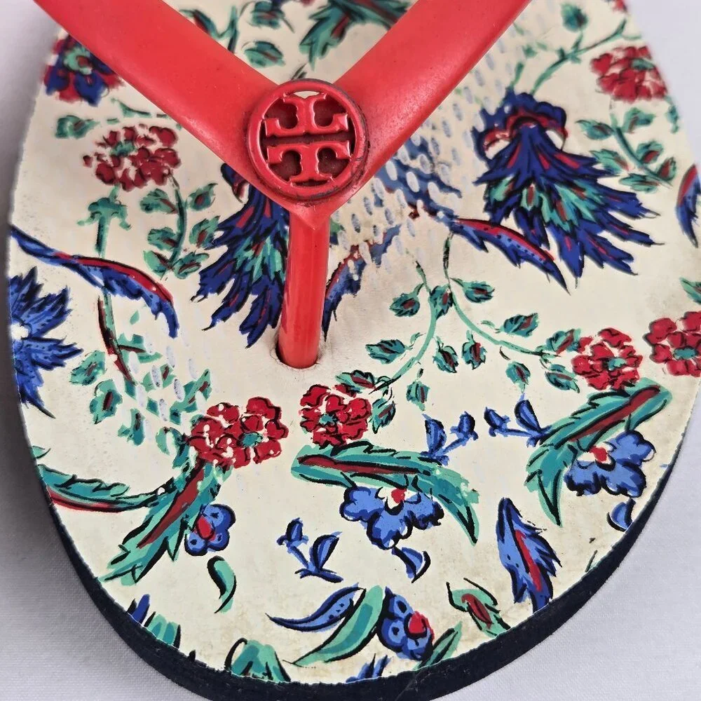 Tory Burch Size 8.5 Red Thong Flip Flop Sandals Floral Footbed Rubber